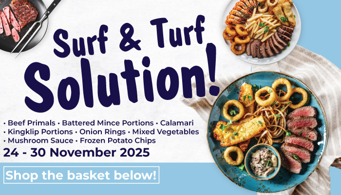 Surf and Turf Solution featuring beef primals, seafood portions, vegetables and more - visit MyBidfood to shop now