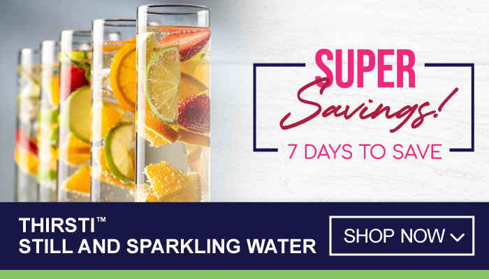 7 Days Super Savings on Thirsti Still and Sparkling Water - visit MyBidfood to shop now