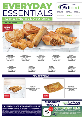 Everyday Essentials Promotion Valid From 26 January - 01 February 2026 - Pieman's Frozen Pies, Sausage Rolls and Snack Packs Available Online With MyBidfood