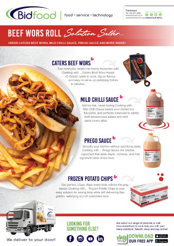 Bidfood - Beef Wors Roll Solution Seller - Caterers Beef Wors, Mild Chilli Sauce, Prego Sauce and Frozen Potato Chips