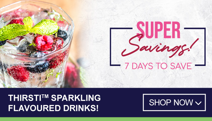 7 Days Super Savings on Thirsti Sparkling Flavoured Drinks - visit MyBidfood to shop now