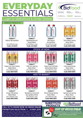 Everyday Essentials on THIRSTI Spring Water, Tonic Water Mixers and More - Promotion Valid From 11 - 24 May 2026 - Login to MyBidfood & Order Online