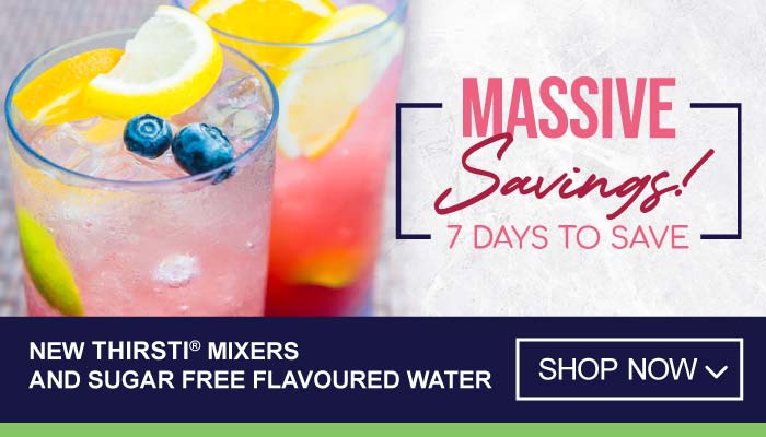 7 Days Massive Savings on New Thirsti Mixers and Sugar Free Flavoured Water - visit MyBidfood to shop now