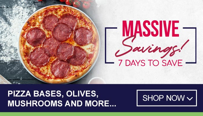 7 Days Massive Savings on Pizza Bases, Olives, Mushrooms and more - visit MyBidfood to shop now