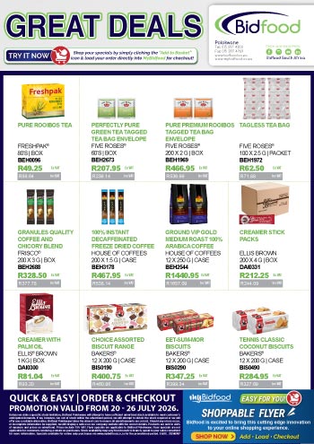Great Deals Promotion Flyer Valid From 20 - 26 July 2026 - Rooibos Tea, Coffee, Biscuits and More - View Online and Shop with MyBidfood