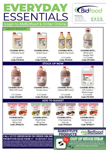 Everyday Essentials on Promotion During 17 - 30 August 2026 - Shop Cooking Sauces, Tomato Sauce, Salad and Chip Sauce, Vinegar, Mayonnaise and More Online With MyBidfood
