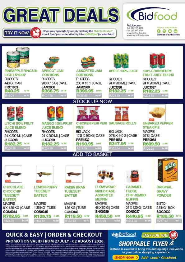 View Our Interactive Shoppable Flyer - Great Deals on Rhodes Juices, Big Jack Chicken Peri Peri, Magpie Baking Products, Bisto Gravy and More From 27 July - 02 August 2026 - Add - Load - Checkout