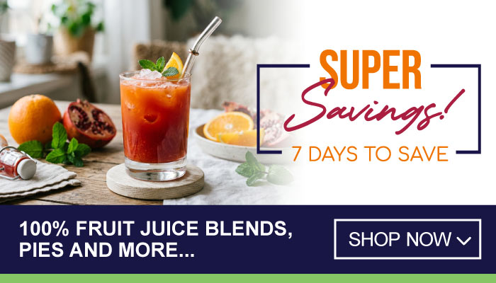 7 Days Super Savings on 100% Fruit Juice Blends, Pies and more - visit MyBidfood to shop now