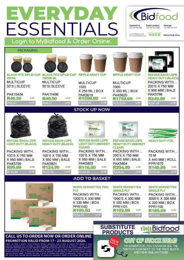 Everyday Essentials on Promotion From 17 - 23 August 2026 - Cups, Refuse Bags, Heavy-Duty Foil and Serviettes - Login to MyBidfood and Order Online