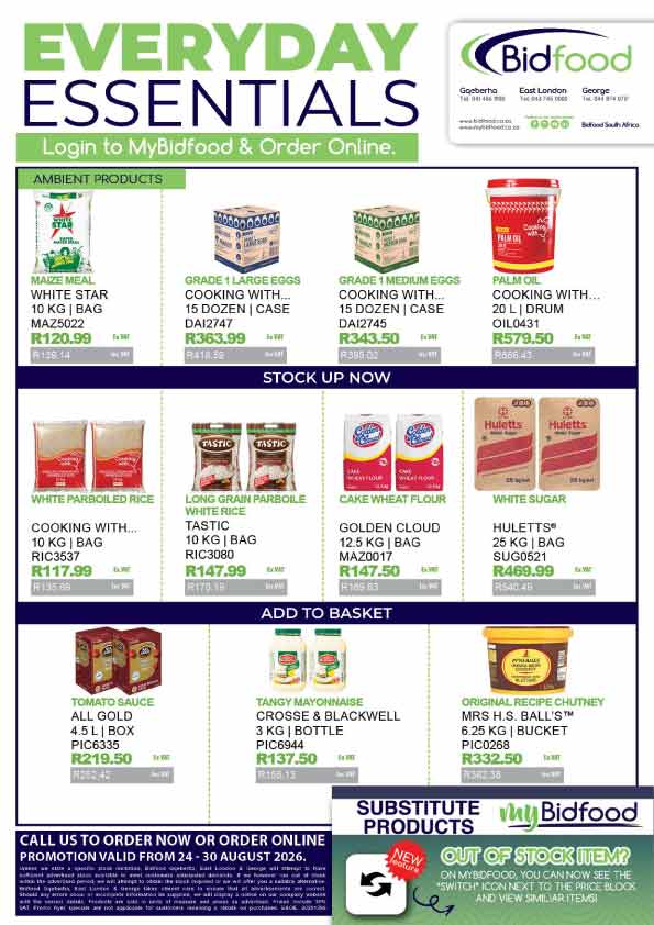 Everyday Essentials Ambient Products on Promotion During 24 - 30 August 2026 - Maize Meal, Eggs, Flour, Rice, Sugar, Sauces and More - Login to MyBidfood and Order Online
