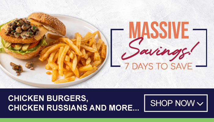 7 Days Massive Savings on Chicken Burgers, Chicken Russians and more - visit MyBidfood to shop now