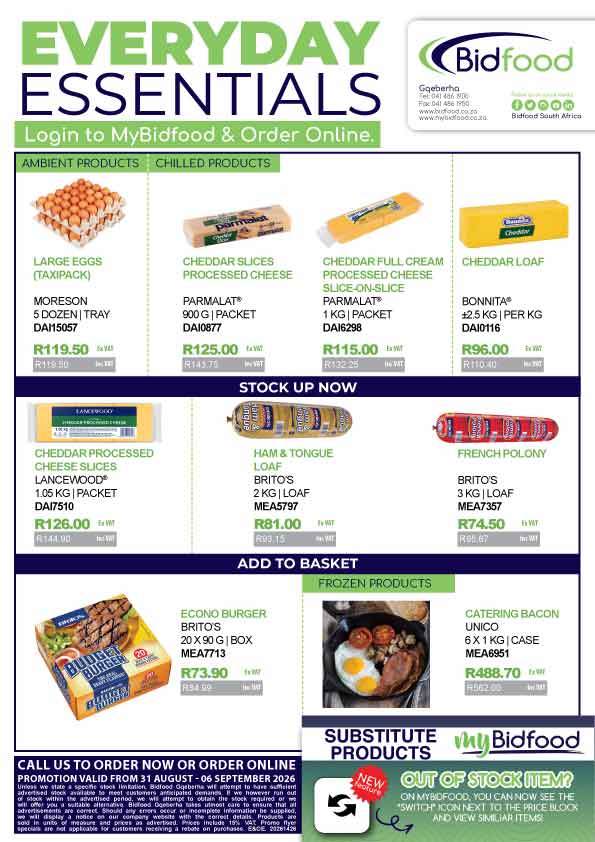 Everyday Essentials on Eggs, Cheese, Processed Meats, Burgers, Bacon and More From 31 August - 06 September 2026 - Login to MyBidfood and Order Online